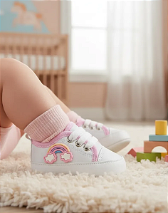 Tênis Bebê Mania Star Casual Conforto Branco e Rosa Arco Iris