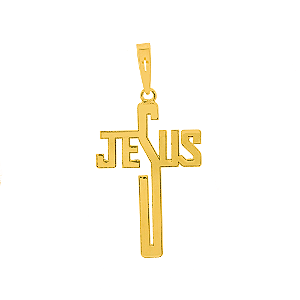 Pingente de cruz Jesus escrito ouro 18k