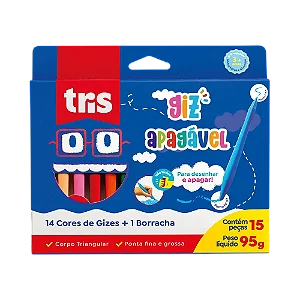 Giz Apagável - 12 Cores Regulares + 2 Cores Metálicas + Borracha - Tris