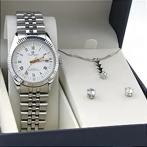 Kit Relógio Champion Feminino Ch24777n Colar + Brincos