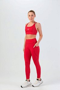 Legging com Bolso Lateral e Recortes Poliamida Vermelho Rubro MC Fitness