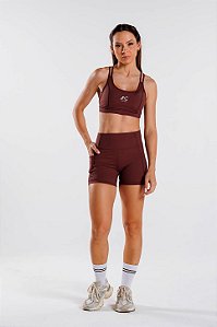 Bermuda com Bolso Lateral e Recortes Poliamida Marrom Café MC Fitness
