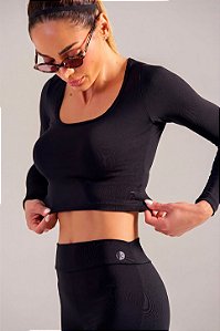Blusa Cropped Manga Longa Microfibra Preto MC Fitness