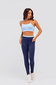 Legging com Bolso e Listra Poliamida Azul Marinho MC Fitness