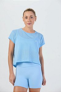 Blusa Cropped Furadinho Dry Azul Frozen MC Fitness