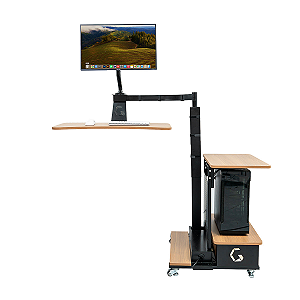 Mesa Flutuante Elétrica Ingrem Floating Desk Preto com Madeira Versão com Prateleira na Direita 220V Ajuste De Altura Braço Articulado para Monitor Integrado VESA 100x100mm e 75x75mm Painel Organizador Perfurado