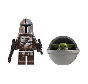 Boneco Mandaloriano e Baby Yoda Berço Star Wars Lego Compatível (Armadura Beskar e Jetpack)
