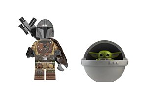 Boneco Mandaloriano e Baby Yoda Berço Star Wars Lego Compatível (Armadura tradicional)