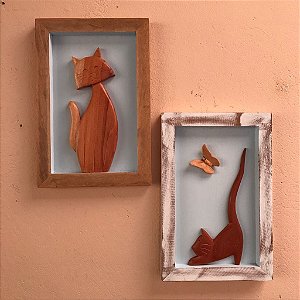 Kit Quadro Decorativo Gato Em Madeira Fundo Azul