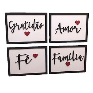Kit 4 Quadros Decorativos Fé, Amor, Gratidão e Família