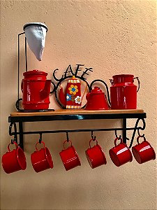 Kit Cantinho do Café com Kit Bule Vermelho em Alumínio com Canecas Vermelhas Leiteira e Açucareiro