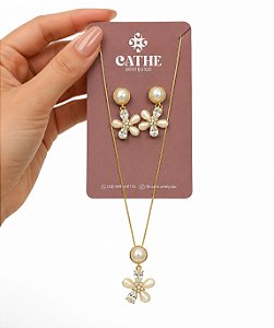 Conjunto Colar + Brinco Flor com Pedrarias -Dourado