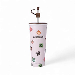 Copo Térmico Canudo Inox Minecraft Original Miniso