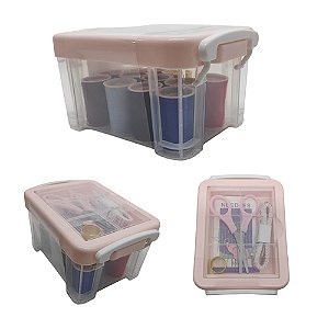 KIT DE COSTURA ROSA COM LINHAS E TESOURA