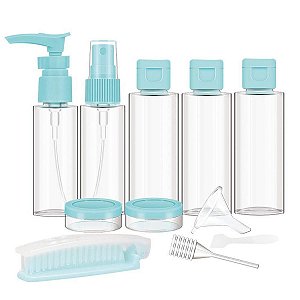 KIT DE FRASCOS DE PLÁSTICO PARA VIAGEM 11 PEÇAS AZUL.
