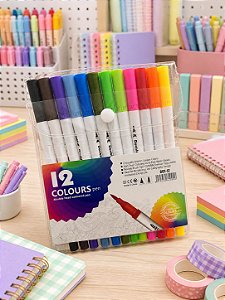 Kit Canetas Brush Pen 12 Cores Dual Tip – Estojo Transparente