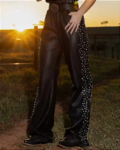 Calça Jeans consciencia Wide Leg Feminina Relaxed em Couro com Aplicação Preto