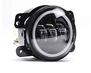 Par de Farol de Milha Neblina Universal 4 Pol 10cm + Angel Eyes DRL e Seta - LED Luz Branca 60W