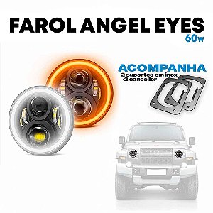 Par Farol Led Angel Eyes e Seta Laranja 7 Polegadas + Suporte + Canceller Troller 2015 a 2021