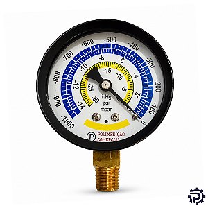 Vacuômetro Analógico 63mm -1000 a 0 mbar 1/4" NPT p/ Refrigeração e Bomba de Vácuo