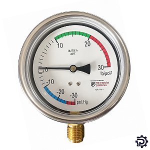 Manovacuômetro 100mm -30 a +30 PSI Inox Uso Industrial