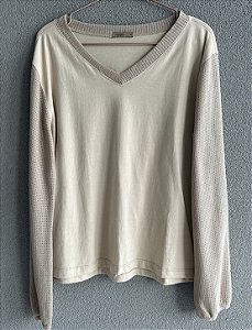 Blusa gola V manga longa algodão e malha tricot