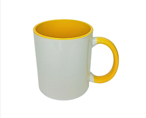 CANECA BRANCA DE PORCELANA COM INTERIOR E ALÇA COLORIDA PERSONALIZADA