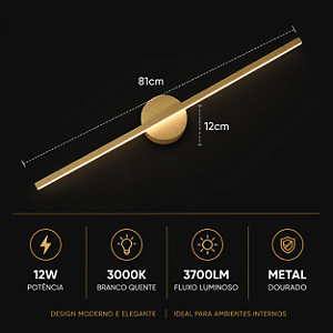 ARANDELA 81×12CM 12W 3000K 3700LM BIVOLT METAL DOURADO+ACRILICO