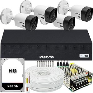Kit CFTV 4 Câmeras Intelbras DVR Intelbras 1204-C HD 500Gb Cabos e Conectores
