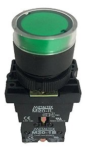 BOTÃO METALTEX PULSADOR ILUMINADO 220V 1NA+1NF VERDE