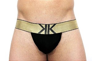 Cueca Jockstrap Preta com Elástico Dourado-J13