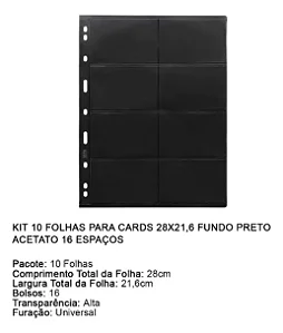 Kit 10 Folhas 16 Espaços Cards 28x21,6 Fundo Preto