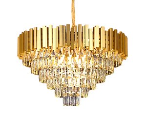 Lustre Pendente de Cristal 15 Lâmpadas E14 Metal Dourado e Cristal Transparente
