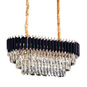 Pendente de Teto Retangular de Cristal 75x35cm para 8 Lâmpadas E14 em Metal Preto e Cristal Transparente com Cabo de 1m