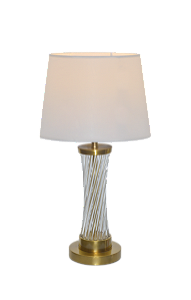 Abajur de Mesa de Metal Bronze com Cristal Transparente e Cúpula de Linho Branco 32x62cm E27×1