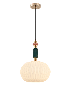 Pendente de Teto E27 Metal e Vidro Branco com Detalhes em Cerâmica e Cabo de 2M