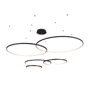 Pendente LED de 5 Aros Ø40+60+80+100+120CM 249W 17430lm 3000K Bivolt Alumínio Preto e Silicone com Cabo de 5m