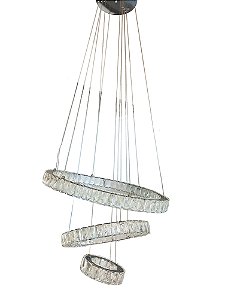 Pendente de Cristal Triplo Anel 40W 6000K 4000lm Bivolt Metal Cromado e Cristal Transparente com Cabo de 2m