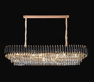 Pendente de Teto 118x35x29cm com 16 Lâmpadas E14, Metal Preto e Cristal Transparente