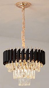 Pendente de Cristal Redondo Ø40x29cm para 5 Lâmpadas E14 em Metal Preto e Cristal Transparente