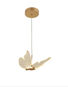 Pendente Mini Borboleta 24×18cm 8W 800lm 3000K Bivolt Metal Dourado e Acrílico com Cabo de 2m