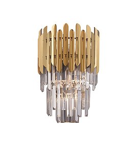 Arandela de Parede 27×41cm Inox Dourado com Cristal Transparente para 2 Lâmpadas E14
