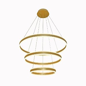 Pendente LED Circular Triplo 226W 3000K Bivolt Alumínio Escovado Dourado com Acrílico e Cabo de 4m