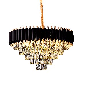 Pendente de Cristal Transparente com 9 Lâmpadas E14 e Estrutura Metálica Preta - 55×36CM