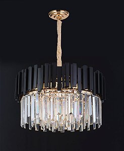 Pendente Redondo Ø52x33cm 9xE14 Metal Preto e Cristal Transparente