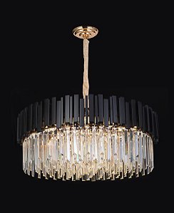 Pendente de Metal Preto com Cristais Transparentes 72x43cm para 15 Lâmpadas E14