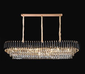 Pendente Retangular 140x35x29CM para 24 Lâmpadas E14 em Metal Preto e Cristal Transparente com Fio de 2M e Corrente de 1M