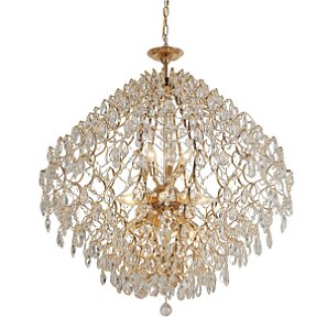 Pendente de Cristal Transparente com 21 Lâmpadas E14 e Estrutura Metálica Dourada de 80cm de Diâmetro