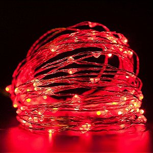 Cordão de Cobre 100 LEDs Fio de Fada 10 Metros Vermelho Pilha e USB