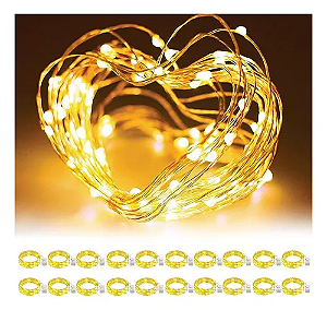 Kit com 1000 Fio de Fada Cordão Cobre 20 LED 2M Branco Quente Bateria